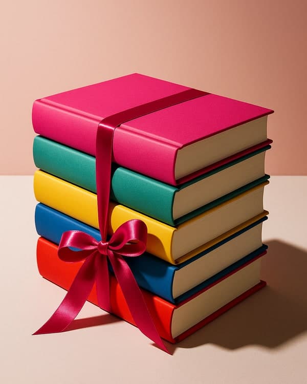 Стек от пет ярко цветни книги с лъскави подвързии, обвити с магентова сатенена панделка с панделка — мотив за подаръчен пакет от пет.