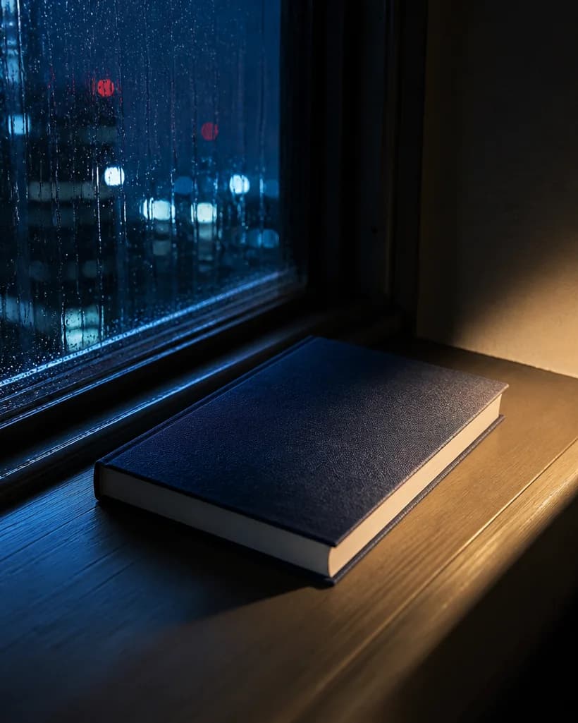 Тъмносиня книга на перваз на прозорец в дъждовна нощ — трилъри с 10% отстъпка